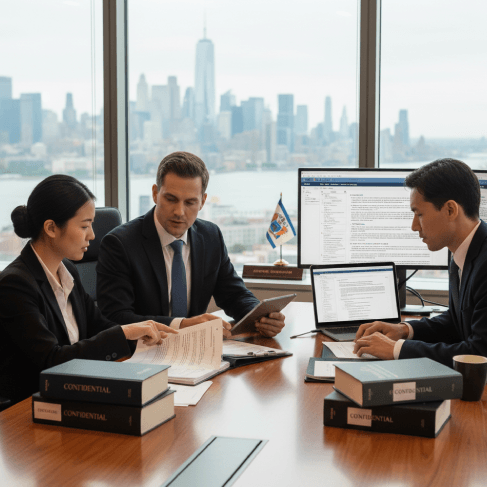 A bilingual legal team reviews case correspondence while Chinese Translation Services in New Jersey finalize legal wording.