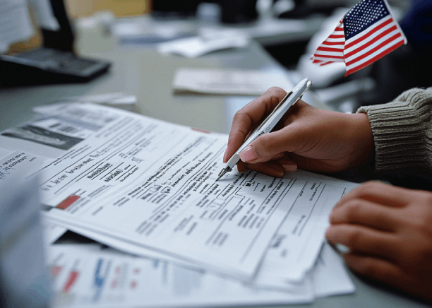 A translator stamps a certified USCIS packet at a desk, showing Translation Services in East Orange for filings.