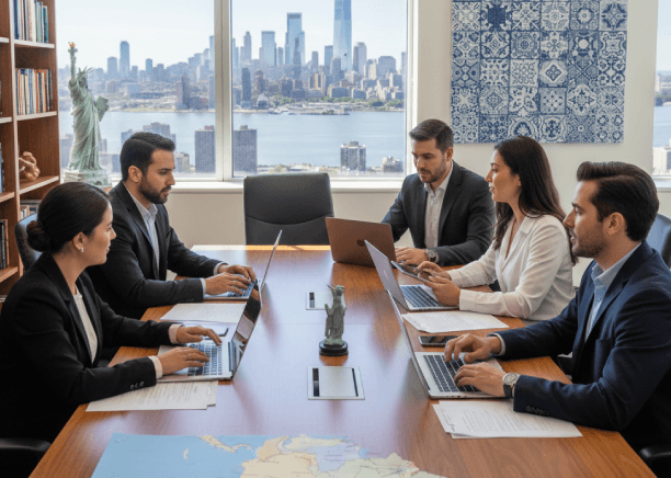 Team in a meeting reviews a proposal using Portuguese Translation Services in New Jersey for business communication needs.